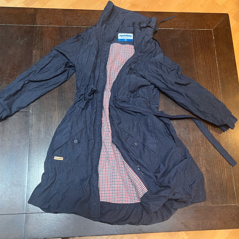 Vintage—Belted Blue Trench Jacket Textured Long High Collar Coat Plaid Lined—M